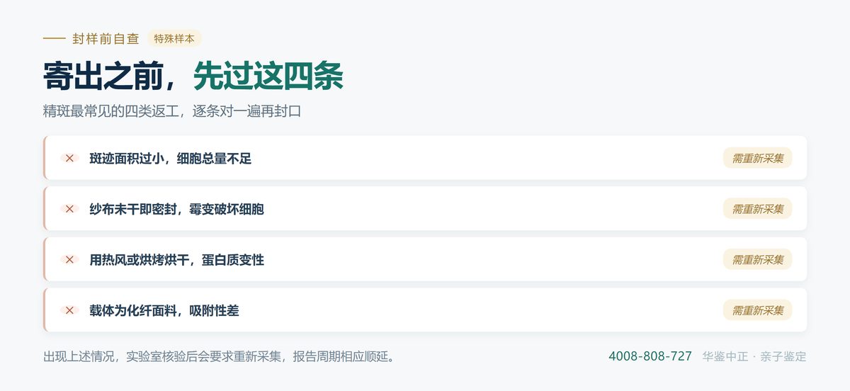 精斑样本的常见失败原因：水洗、混入其他体液、高温处理