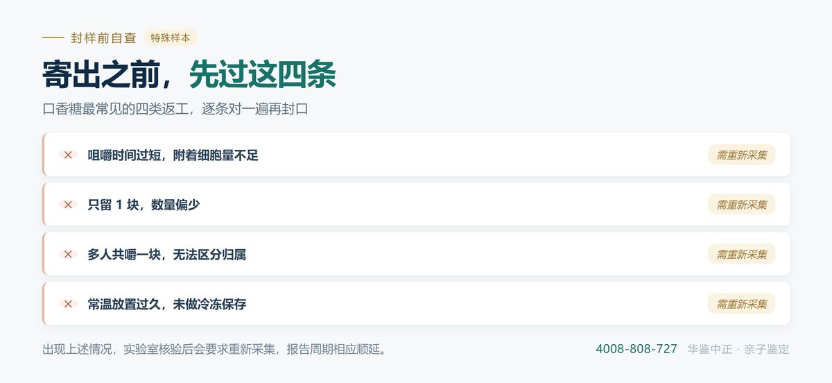 口香糖样本的常见失败原因:咀嚼不足、混入残渣、手指捏取